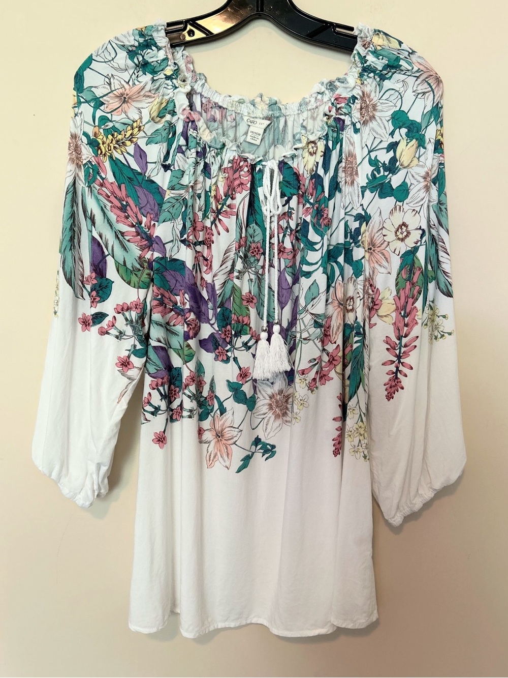 Floral Peasant Blouse - White with Teal & Pink Floral Print